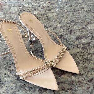 Zara Beige Pointed Slingback Heels with Gold Studs